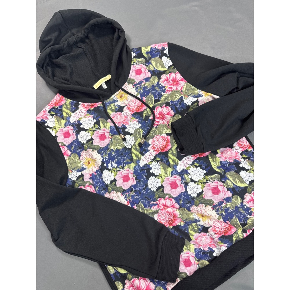 Miss Morena Floral Print Hoodie Sweater Black Pink Size L